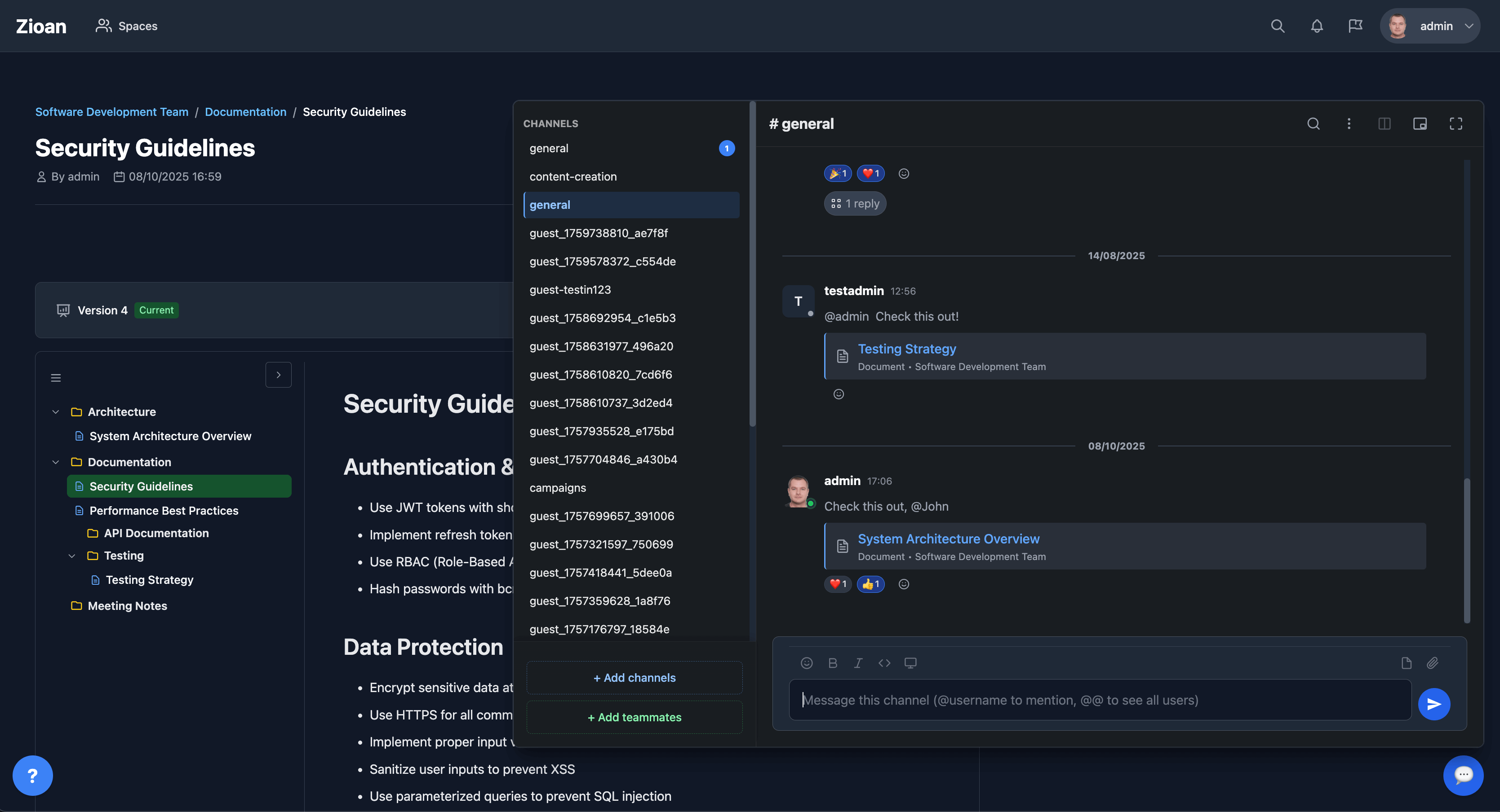 Team chat interface showing channel list and threaded conversations