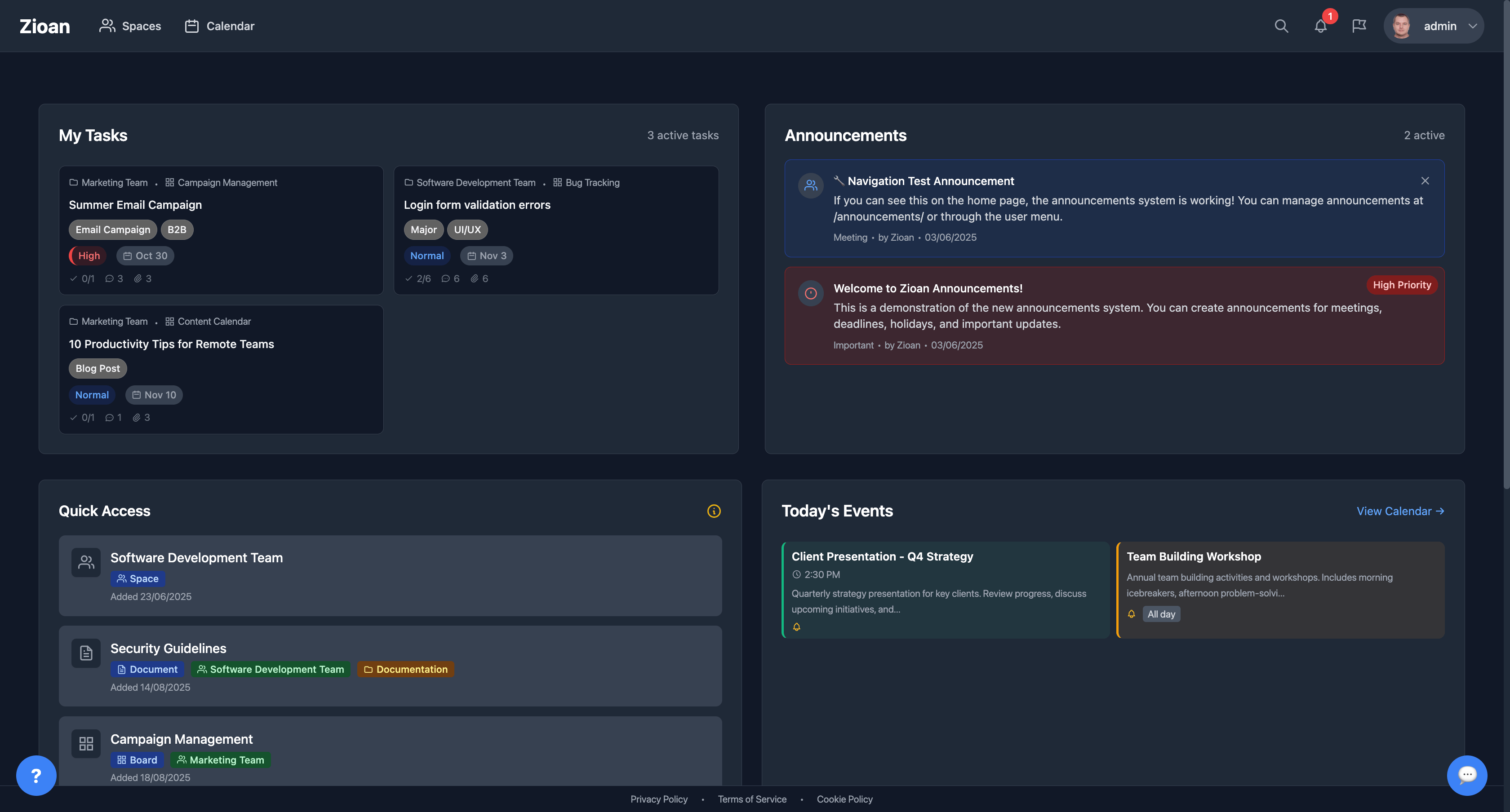 Zioan unified team dashboard showing tasks, announcements, and workspace navigation