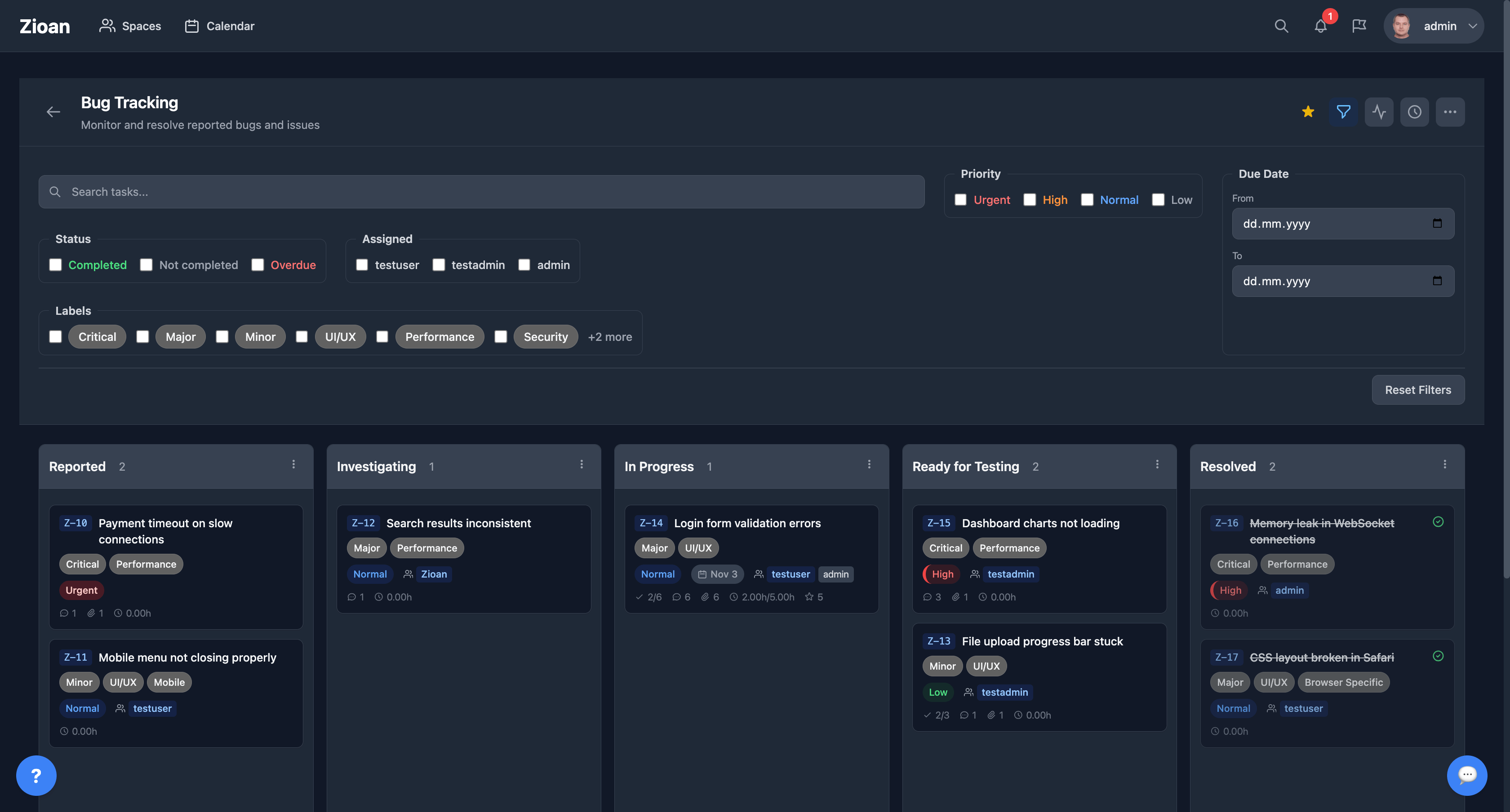 Kanban board interface showing campaign management with filtering options