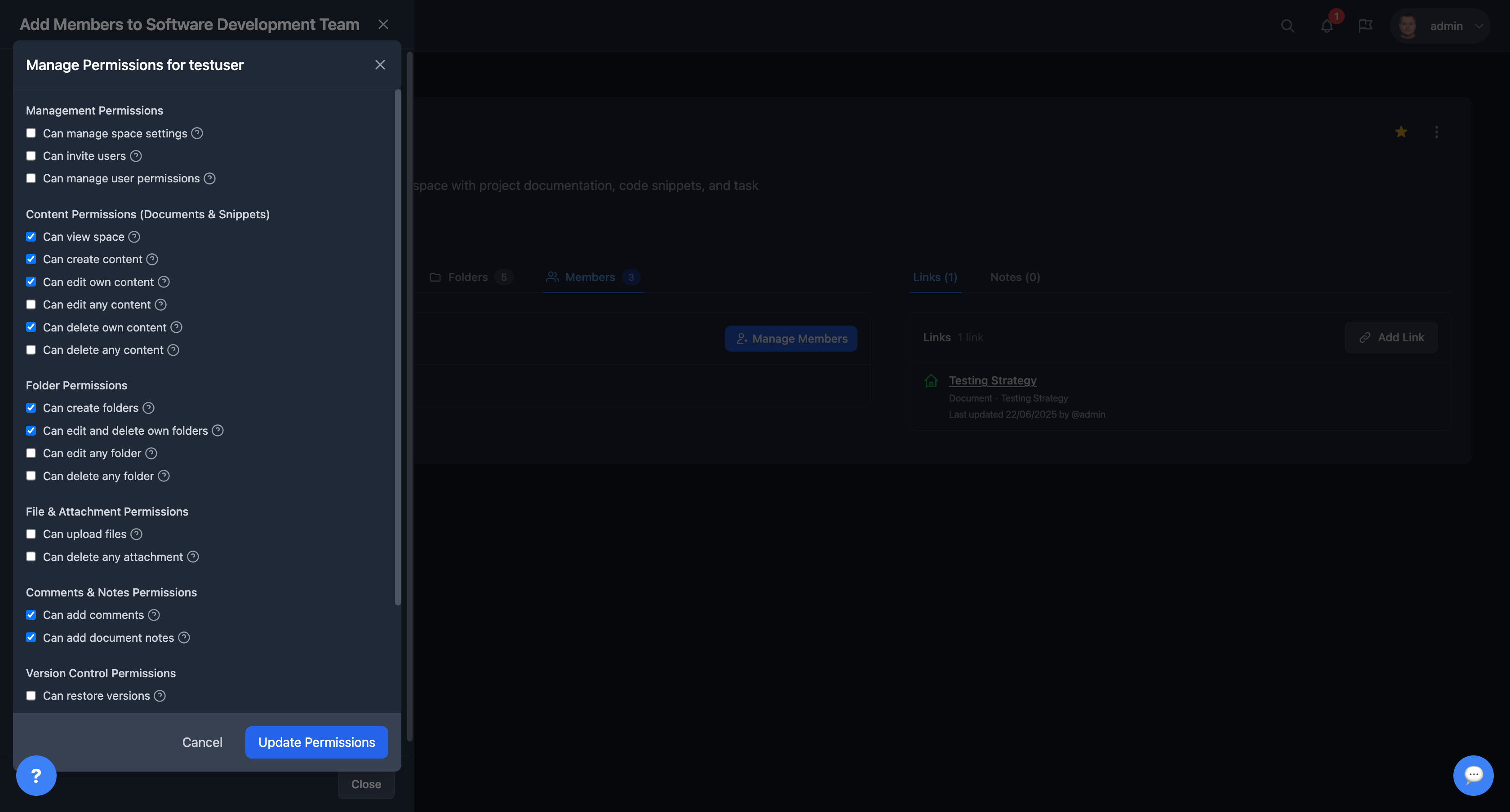 Detailed permission management interface showing granular access controls
