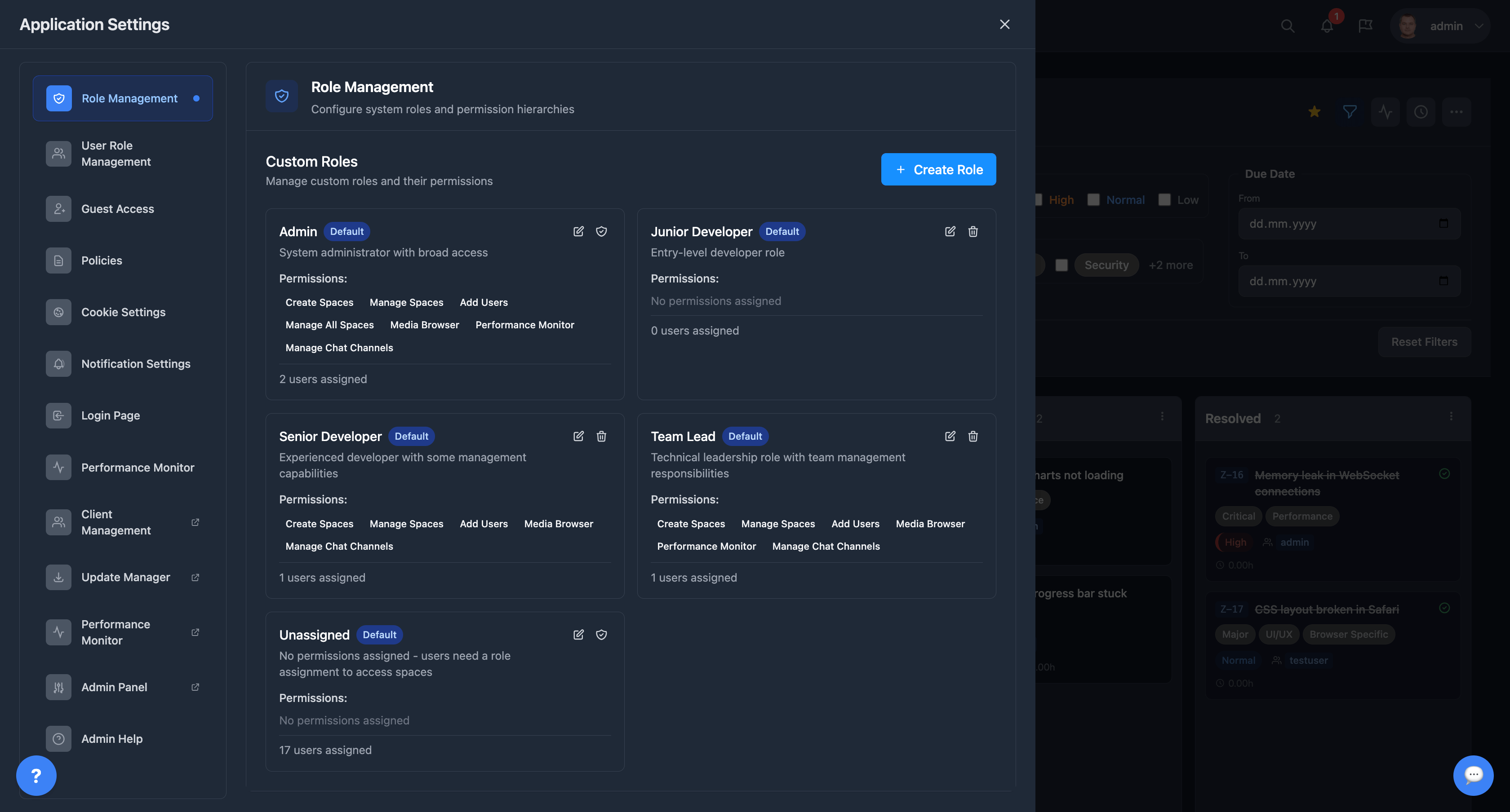 Role management interface showing custom roles and permission hierarchies