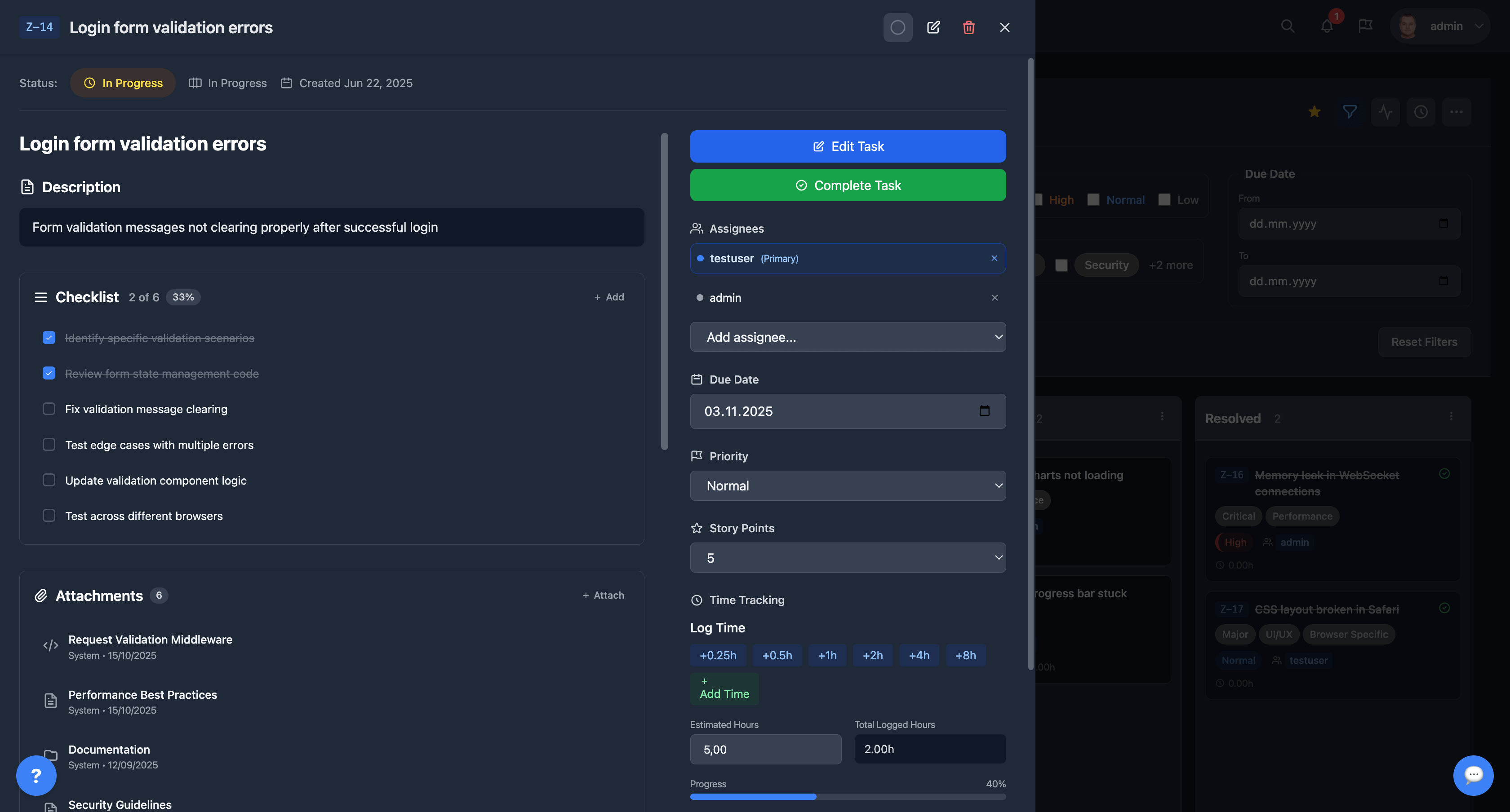 Detailed task management interface with time tracking, attachments, and discussions